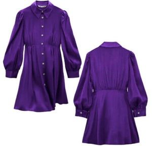 Rhinestone Bejeweled Satin Shirt Dress Purple